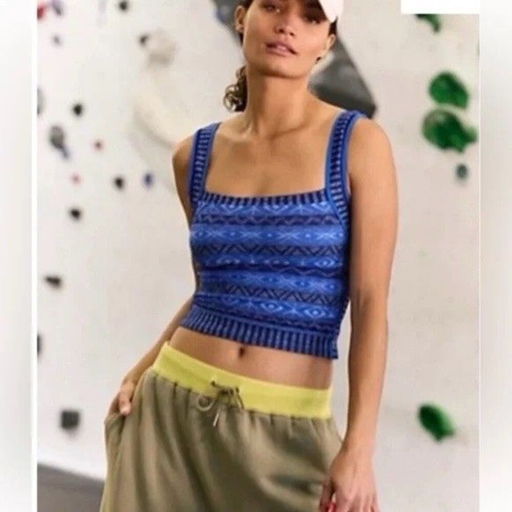 Free People Blue Patterned Knit Square-Neck Tank